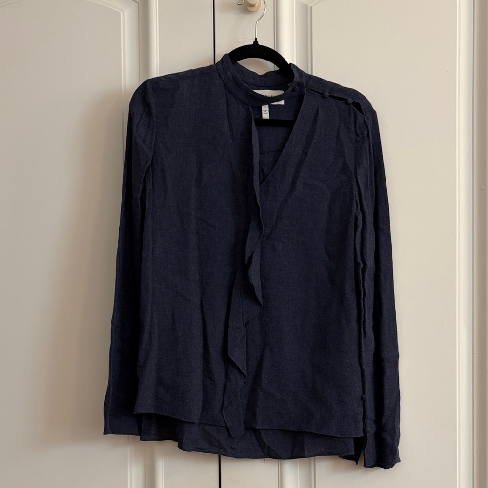 Derek Lam Navy Long-Sleeve Ruffle V-Neck Blouse